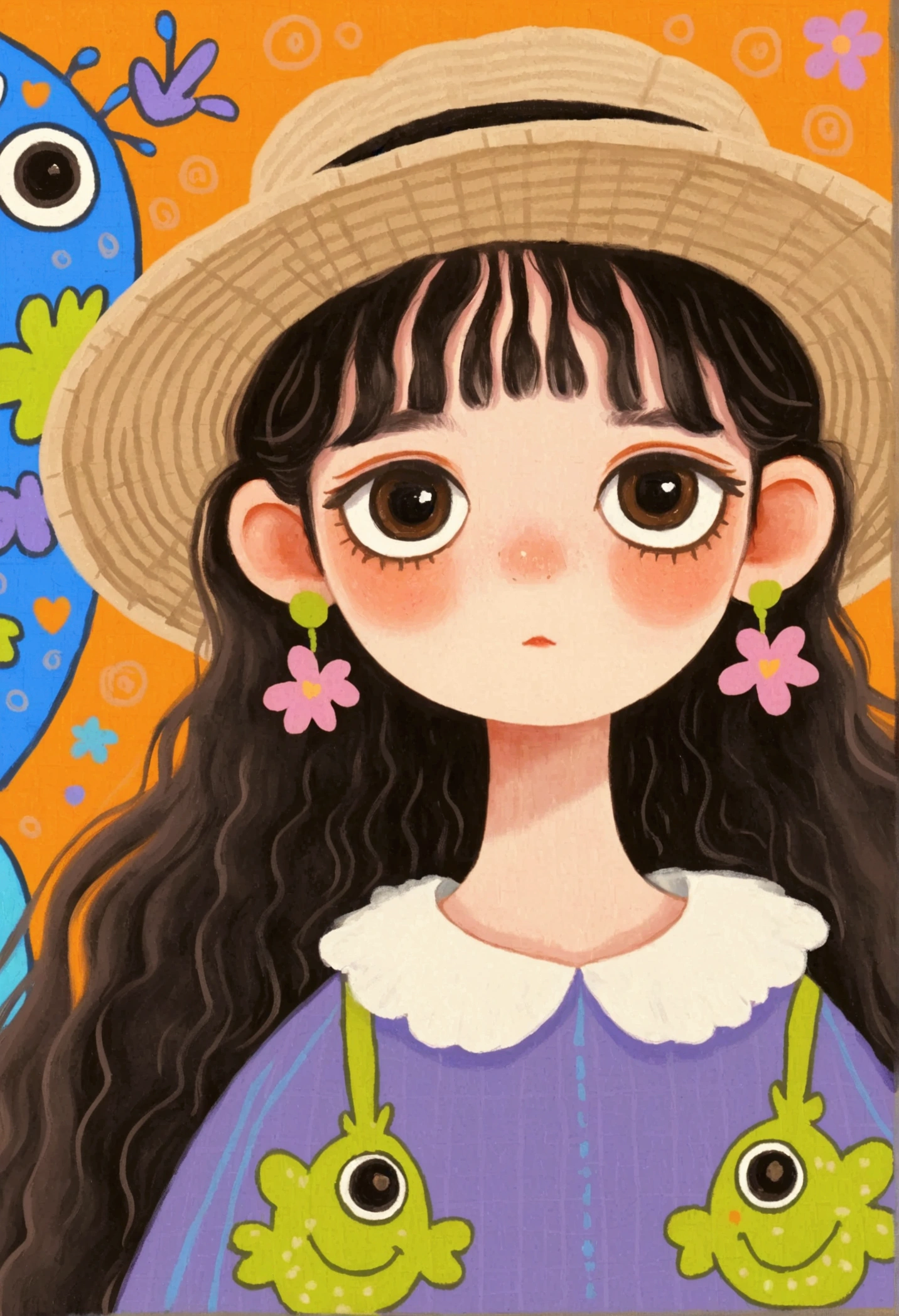 A painting，Pastel Art，Low Fidelity：cute girl with fisherman hat， big eyes， fluffy hair ，Princess Dress，white collar