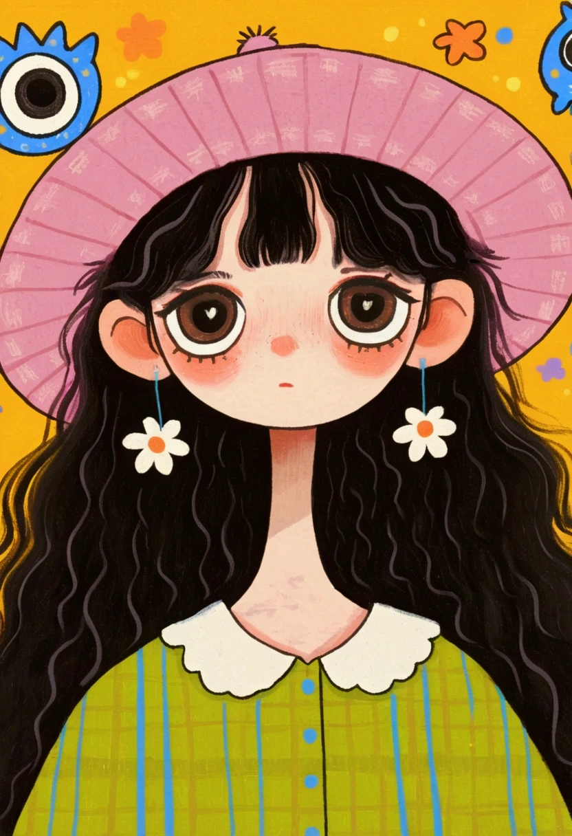 A painting，Pastel Art，Low Fidelity：cute girl with fisherman hat， big eyes， fluffy hair ，Princess Dress，white collar