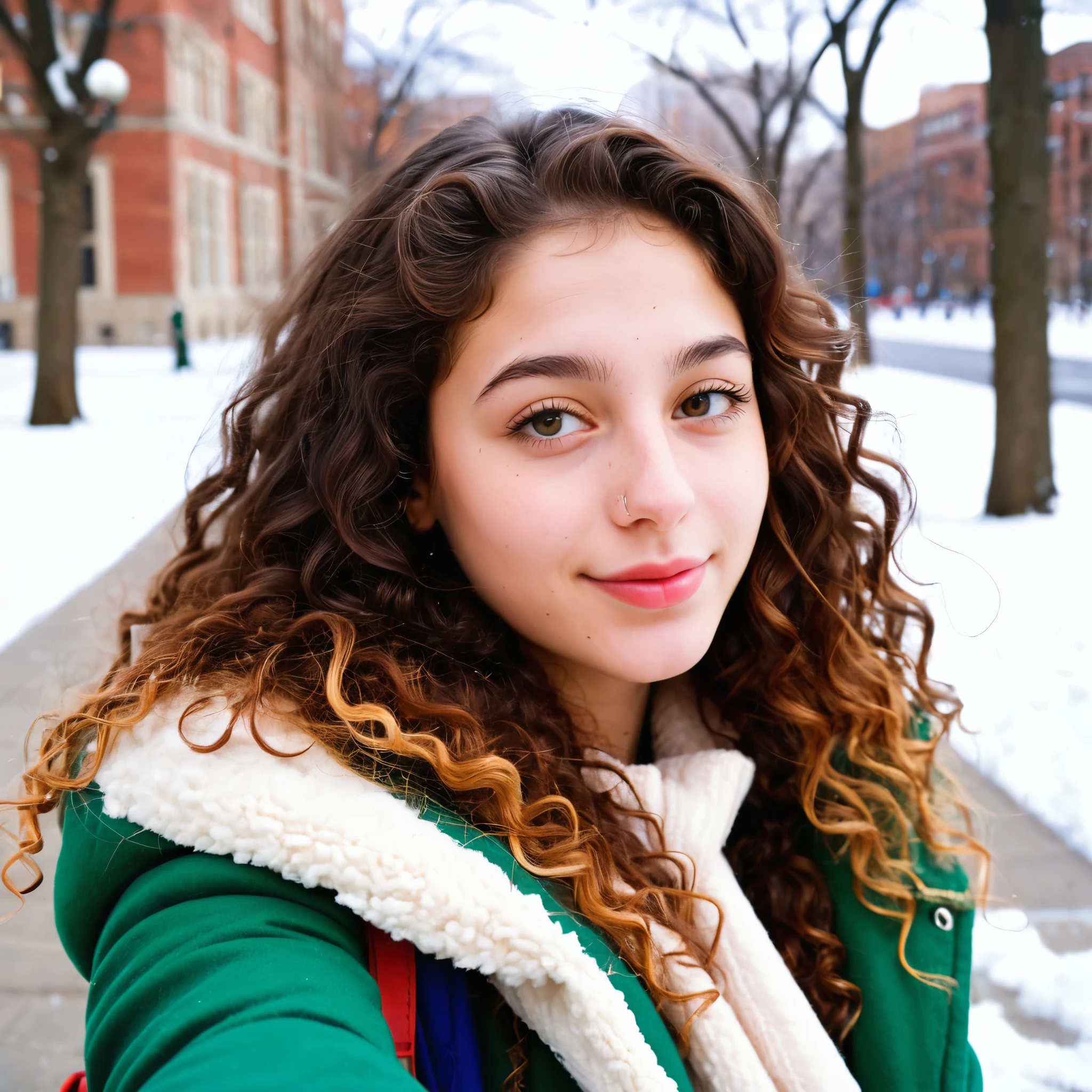 (indistinguishable from reality:1.4), 1girl, selfie, An half portrait of a beautiful 25 y.o New York Italian college student, (detailed facial features), (freckles:0.2), (acne:0.1), long thick luxurious curly hair, beautiful Jewish nose, shy smile, walking on University campus, winter, snowfall, ultra detailed texture winter coat, bright primary colors, Nikon FM2, 35mm SLR