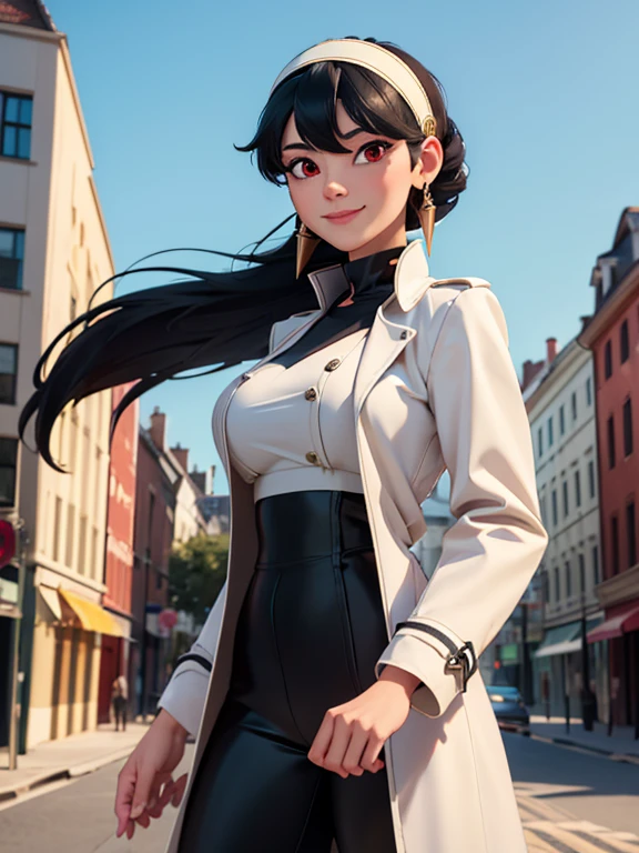 (masterpiece:1.2), best quality, high resolution, unity 8k wallpaper, (illustration:0.8), Yor Forger,1girl, red eyes, short hair black with long locks, white hairband, gold earrings, large breasts, jewelry, white trench coat, black leggings, outdoors, standing cowboy shot, smile,
