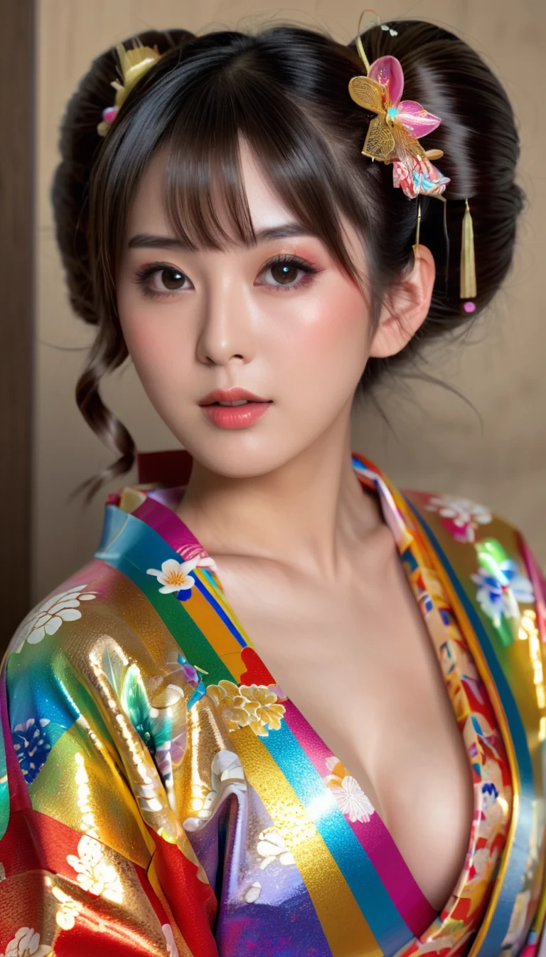 Attractive and sexy look,  Twin Tails,Real Japanese women、 shiny skin、 shiny lips、 Wearing an open rainbow-colored colorful Japanese kimono , art, (Super detailed,  absolute resolution  , Best Quality:1.3), 2.5D, Delicate and dynamic effects , Shimmering gold dust effect, Artistic, Extreme, CG デジタルart