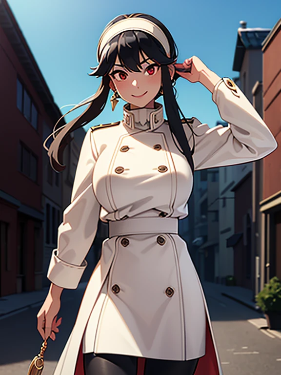 (masterpiece:1.2), best quality, high resolution, unity 8k wallpaper, (illustration:0.8), Yor Forger,1girl, red eyes, short hair black with long locks, white hairband, gold earrings, large breasts, jewelry, white trench coat, black leggings, outdoors, standing cowboy shot, smile,
