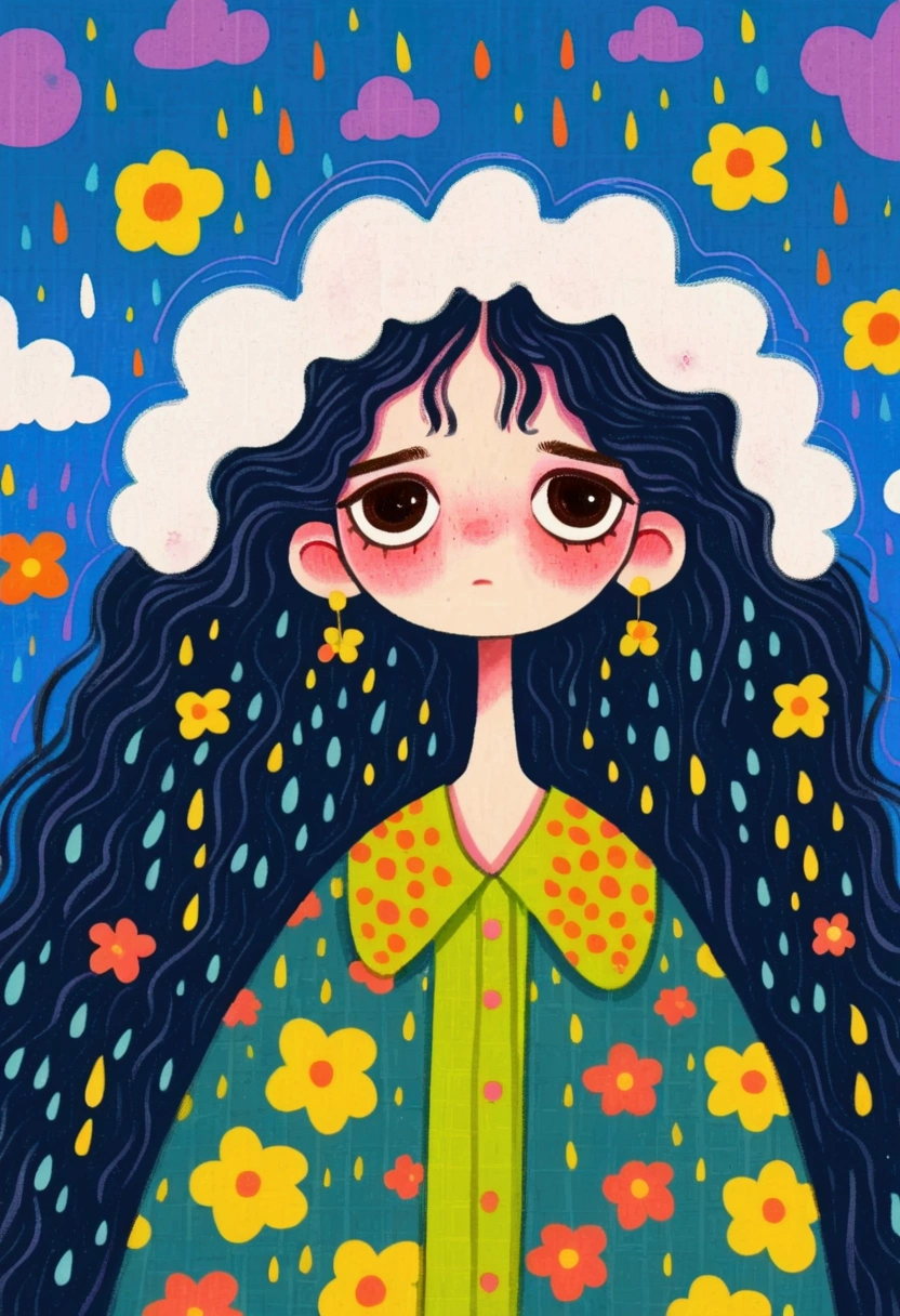  A painting，Hand drawn cartoon style,  2 d gouache illustration ,  colorful illustration , Cartoon cute ,  cute illustration： Lovely Girl Under White Clouds， Long Fluffy Hair ，Sad expression，Colored Rain 