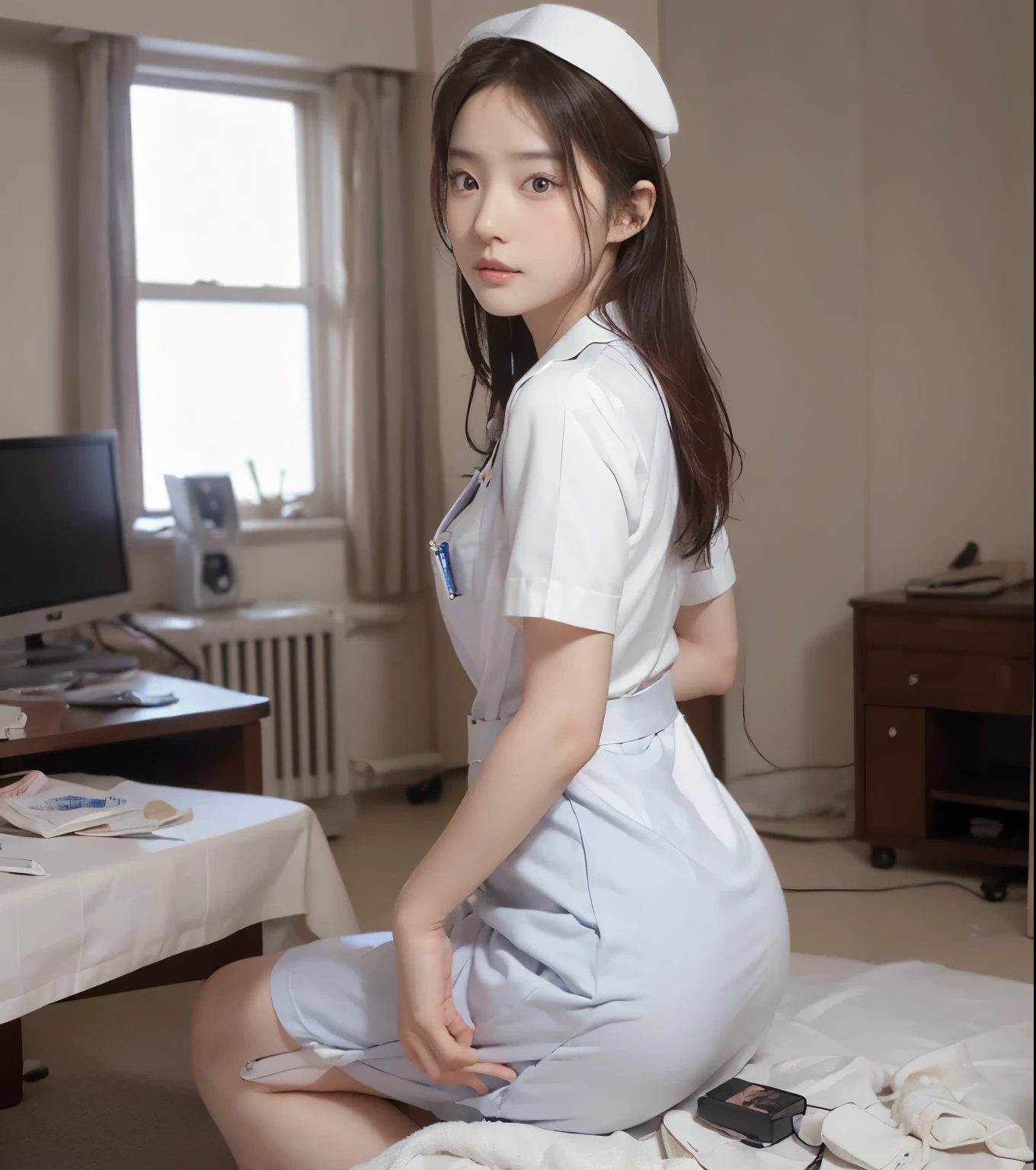  1 girl at home,(Wearing white Nurse clothes:1.2),( original photo,  highest quality), ( actual , photo- actual :1.4), masterpiece,  extremely detailed ,  Very detailed, 2k wallpaper, Wonderful, Finely,  Very detailed CG unity 8k wallpaper,  Very detailed, High resolution, Soft Light,  Pretty and Detailed Girl ,  Very detailed eyes and face,  beautiful and detailed nose  , Finely beautiful eyes,  perfect anatomy,  dark hair, Upward Style, Nurse uniform, ((Nurse cap)), Long skirt, Nurse, White服装, thin, Hospital, Cleaning, White, Hospital room, auscultatory neck ,(desktop、 highest quality、8K、Award-winning works、  Ultra High Resolution  )、(一位美丽的Nurse:1.1)、(完美的WhiteNurse:1.1)、(White面具:1.1)、 Accurate Anatomy 、(  very blurry background in the ward :1.1)、非常明亮的White照明、( Face Closeup :1.2)、 perfect pretty makeup 、Excellent film lighting、 LED Lighting 、 elegant upright  ，Slim waist， beautiful hips ， white slim calves ，WhiteNurse鞋，Full of feelings，Excited， place your hands behind your head，Shot from the side，Shot from the back， full-body photo 