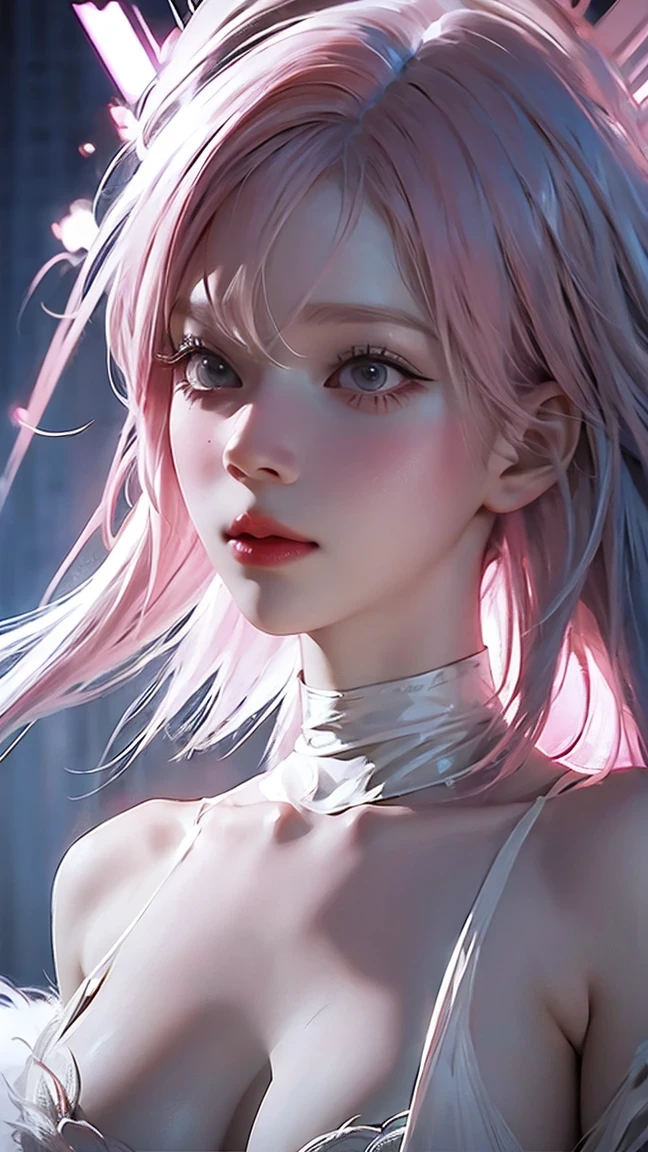 (((pink Hair))),(((White Hair))),Realistic beautiful girl with black eyes, Pale skin, Medium size black hair, Perfect Face, Perfect Eyes, Put on your coat, Very detailed, General Movies, DIGITAL PAINTING, 8k, Cinematic Lighting, Best Quality, High resolution, Well done!, post-processing, Perfect results, Surreal,(((Revealing clothing))),Big Breasts,Erect nipples, nsfw, ((Pretty well defined abs))