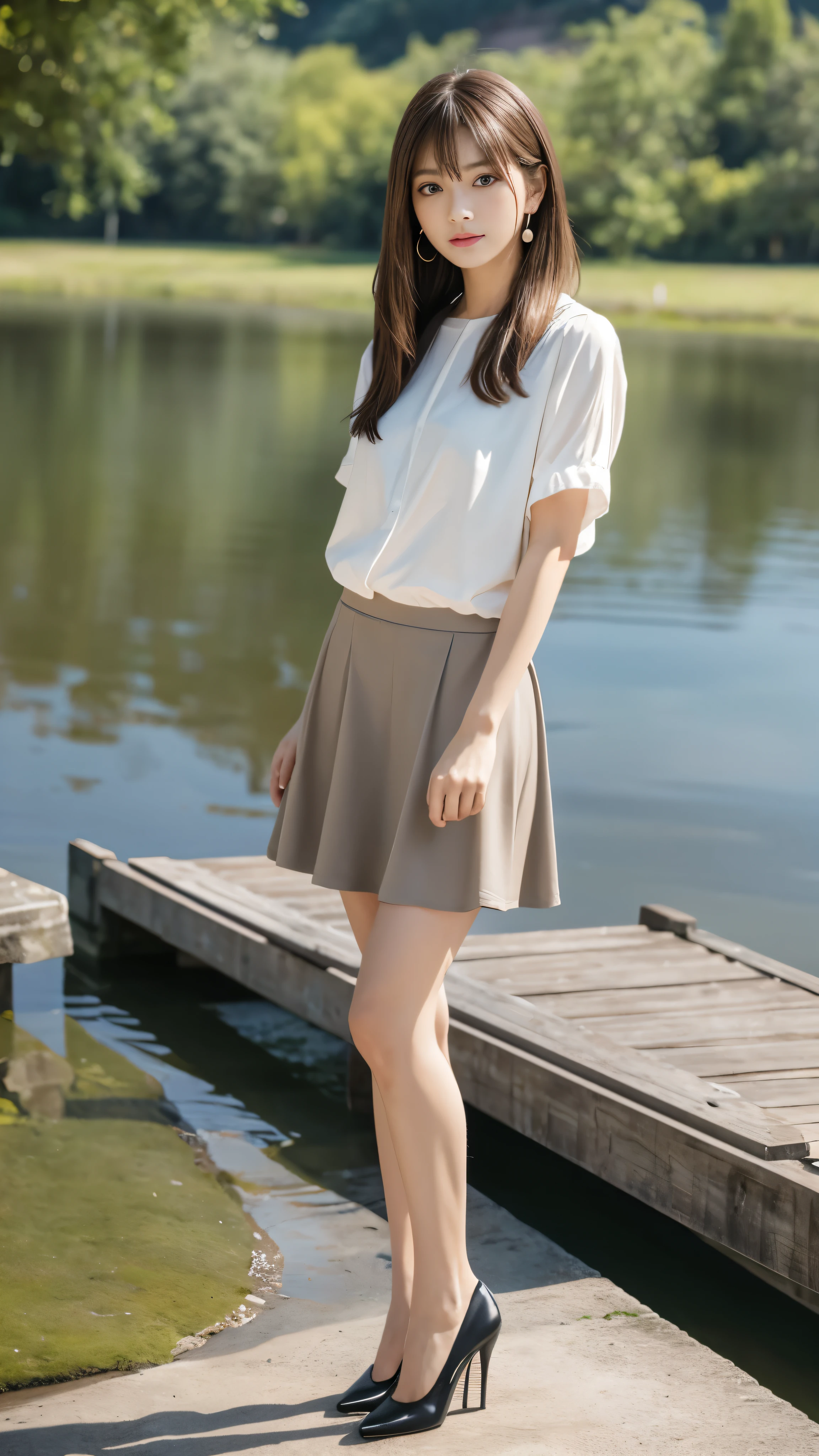 ((masterpiece)),(((Highest quality))),A low-angle shot that highlights her beautiful thighs and crotch:1.5,Long legs,The best smile:1.5,Slim figure:1.5,whole body:1.5,(One Girl:1.3),(Viewer Display:1.4),(Pointy high heels:1.3),(Standing with legs wide apart by the lake:1.2),(Wearing a striped long skirt dress:1.2),Long Curly Hair:1.5,