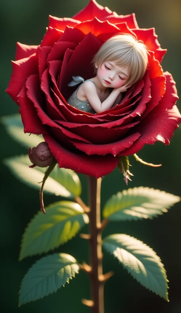 VERY DETAILED RED ROSE 、 A fairy is sleeping inside a rose flower、(((Little fairy、Cute sleeping face、The fairy who sleeps in a circle、cute petal clothes、Full body angle:1.37)))、Mysterious、Morning Dew、