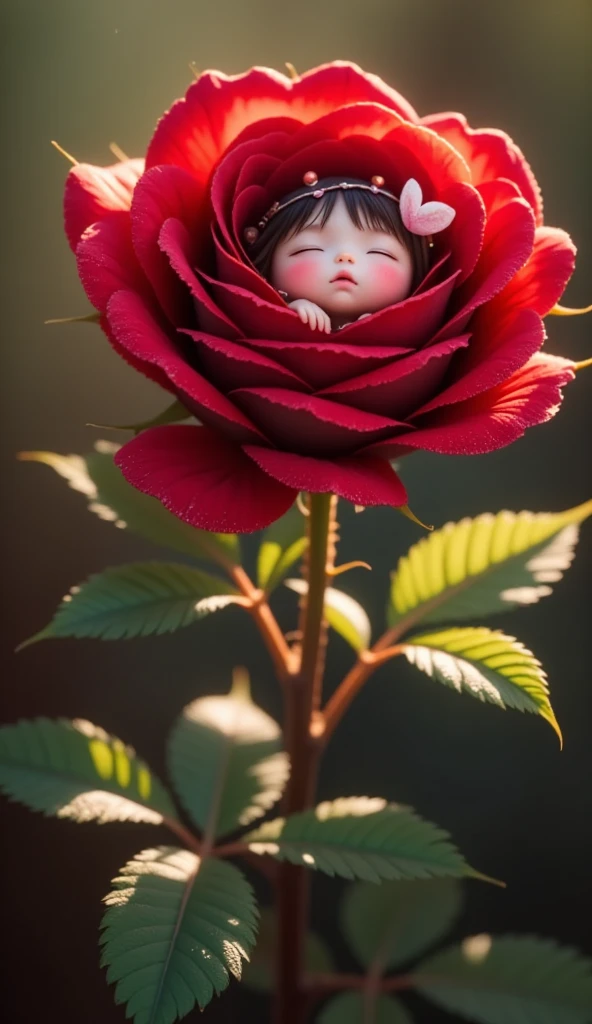 VERY DETAILED RED ROSE 、 A fairy is sleeping inside a rose flower、(((Little fairy、Cute sleeping face、The fairy who sleeps in a circle、cute petal clothes、Full body angle:1.37)))、Mysterious、Morning Dew、