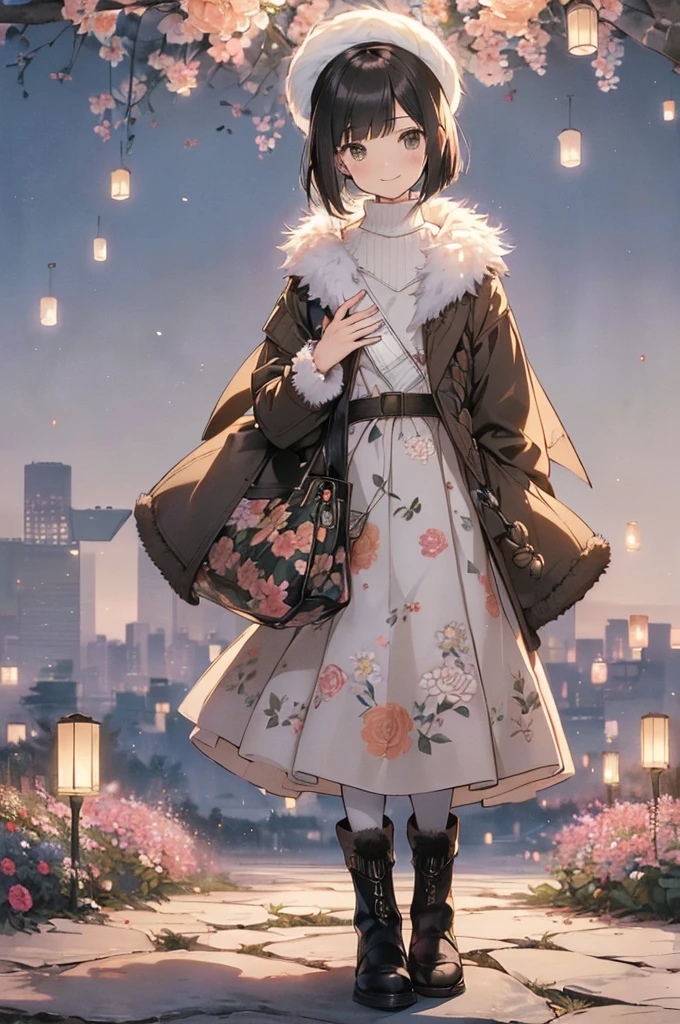 Best Quality, Official Art, masterpiece,(1 person:2.0), Neutral Men's ,( flat chest:1.3),(7 heads), Black Hair ,(Bob Cut Hair),( knitted sweater ),(Floral flared skirt:1.2),(duffle coat with white fur:1.3),(pantyhose), noon,A garden full of blooming flowers,SHORT BOOTS WITH FUR , big smiles at handshake event , soft writing