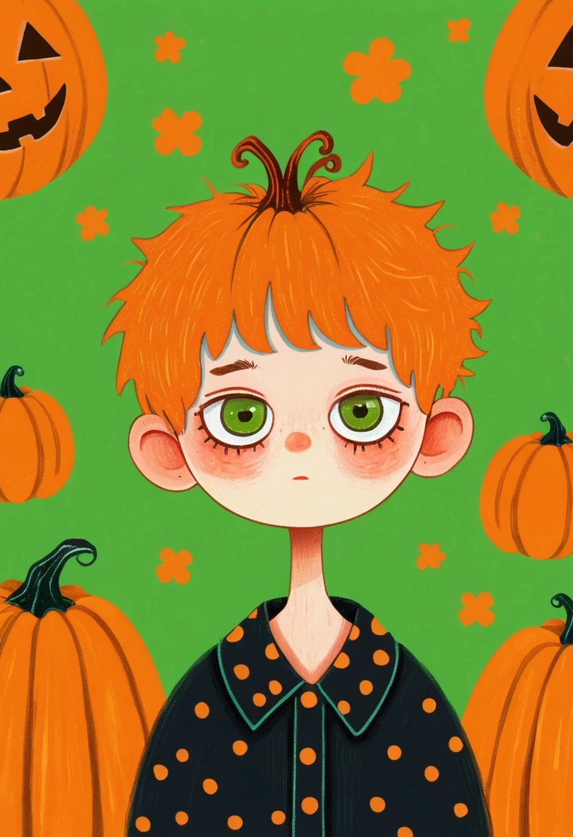  Portrait of a Boy ,  pumpkins and green background，  Halloween art style, Change, 🍁  cute, Hand drawn cartoon style, 🍂  cute,  colorful illustration , Pumpkin Head, 2d illustration, 2d illustration, Low Fidelity, Orange Head, 