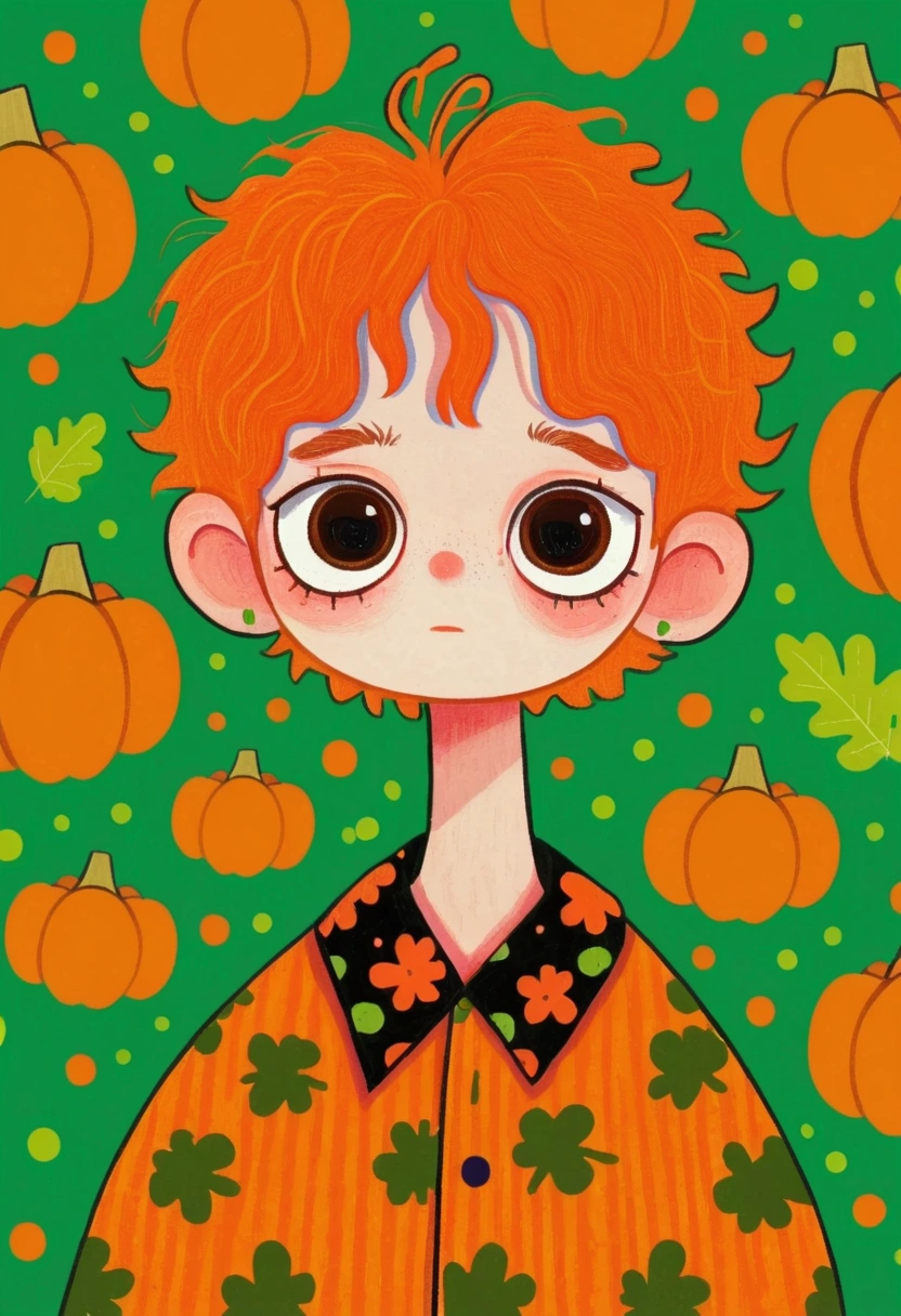  Portrait of a Boy ,  pumpkins and green background，  Halloween art style, Change, 🍁  cute, Hand drawn cartoon style, 🍂  cute,  colorful illustration , Pumpkin Head, 2d illustration, 2d illustration, Low Fidelity, Orange Head, 