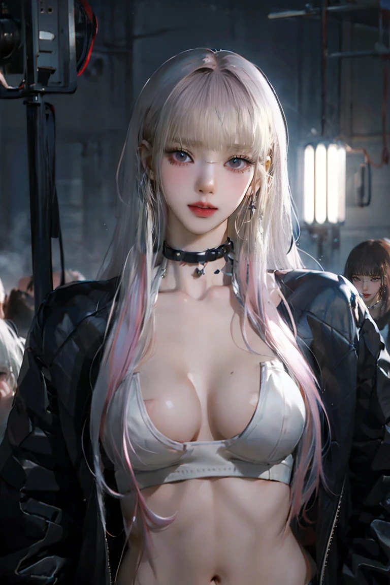(((pink Hair))),(((White Hair))),Realistic beautiful girl with black eyes, Pale skin, Medium size black hair, Perfect Face, Perfect Eyes, Put on your coat, Very detailed, General Movies, DIGITAL PAINTING, 8k, Cinematic Lighting, Best Quality, High resolution, Well done!, post-processing, Perfect results, Surreal，(((Revealing clothing)))，Big Breasts，Erect nipples, nsfw, ((Pretty well defined abs))