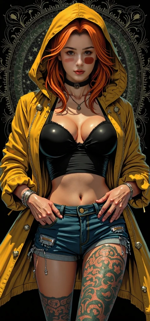 Beautiful woman, red hair, yellow eyes, large perfect snoopy breast,(torn blouse) cleavage, highly detailed, yellow jacket, black t-shirt,, vintage, dark fantasy, , western style,, closeup portrait, vivid colors, high contrast, wasteland,robber