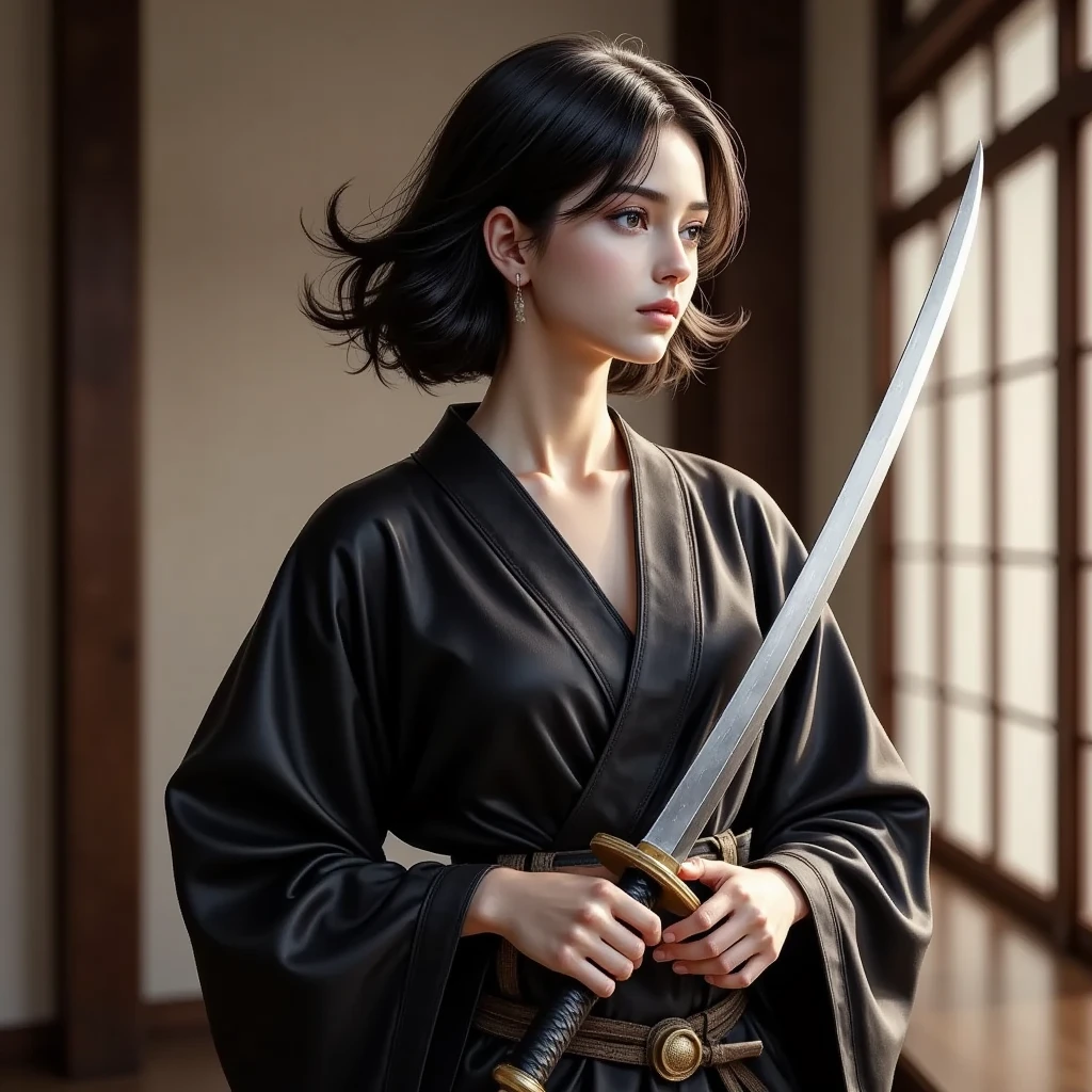  Beautiful Female Samurai 、 Japanese Knife、Samurai Sword 、 A woman wearing a swordsman coat carrying a sword、 Traditional Japanese Interior 、tatami、Wooden sword stand 、 Exquisite Blade 、 Detailed Sword Pattern 、 dramatic lighting 、 very detailed、 photorealistic、8k、(Best Quality、4K、8k、 high resolution on down、masterpiece:1.2)、Super detailed、( real、 photorealistic、 photorealistic:1.37)、 Cinematic Lighting 、 elegant、 Strong Poses 、 Dynamic Composition 、