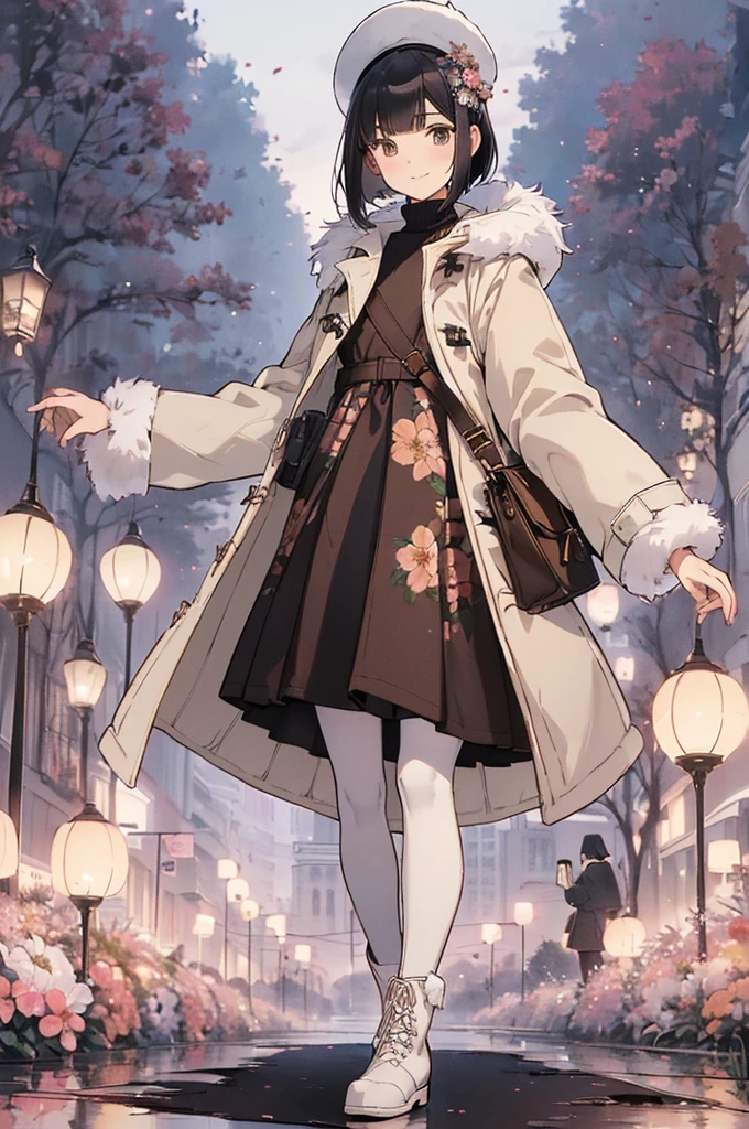 Best Quality, Official Art, masterpiece,(1 person:2.0), Neutral Men's ,( flat chest:1.3),(7 heads), Black Hair ,(Bob Cut Hair),( knitted sweater ),(Floral flared skirt:1.2),(duffle coat with white fur:1.3),(pantyhose), noon,Beautiful gardens,SHORT BOOTS WITH FUR , big smiles at handshake event , soft writing