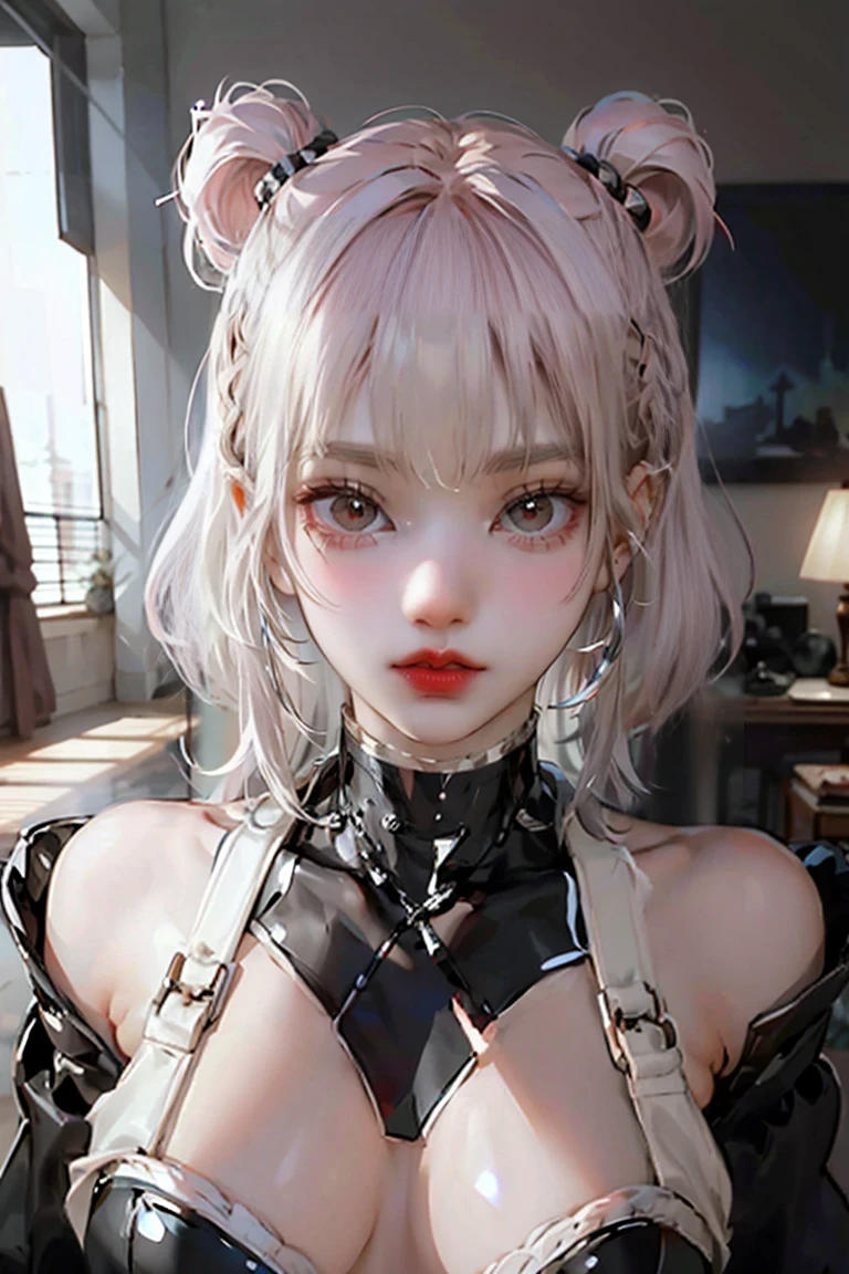 (((pink Hair))),(((White Hair))),Realistic beautiful girl with black eyes, Pale skin, Medium size black hair, Perfect Face, Perfect Eyes, Put on your coat, Very detailed, General Movies, DIGITAL PAINTING, 8k, Cinematic Lighting, Best Quality, High resolution, Well done!, post-processing, Perfect results, Surreal，(((Revealing clothing)))，Big Breasts，Erect nipples, nsfw, ((Pretty well defined abs))