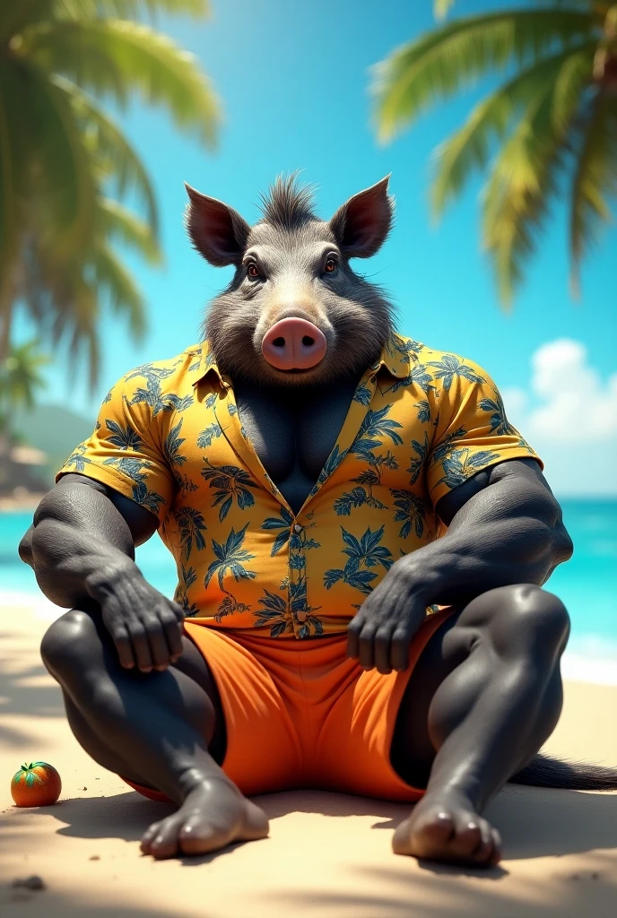 Super muscular adult boar beastman,(Wear Hawaiian traditional clothing:1.7),Open your mouth and stick out your tongue,(Surrounded by erect men:1.2),(a large amount of semen on the face and body,:1.8),Southern Island,(Deep Throat:1.5),Cumshot from huge red and black erect penis,scrotum,Brown fur,Black hair and beard,Anal Sex,Kneeling,Tattoo