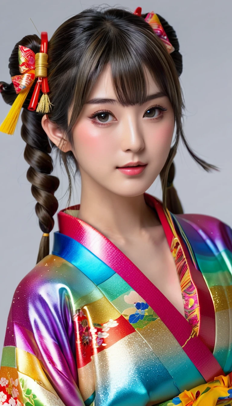 Attractive and sexy look, round face、 Twin Tails,Realistic cute Japanese women、 shiny skin、 shiny lips、 Wearing an open rainbow-colored colorful Japanese kimono , art, (Super detailed,  absolute resolution  , Best Quality:1.3), 2.5D, Delicate and dynamic effects , Shimmering gold dust effect, Artistic, Extreme, CG デジタルart