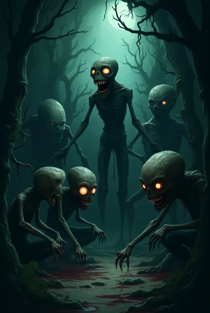 rare dark figures in the night, many of them, they looks like aliens, fog forest, red eyes, very dark scene,