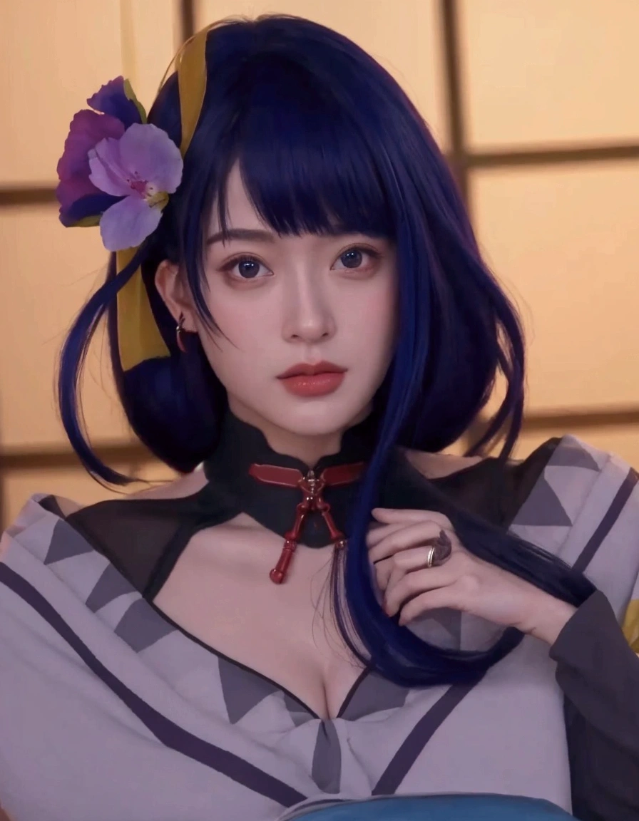 1girl, RaidenShogun, detailed clothes, white clothes, blunt bangs, braid, medium breasts, cleavage, wide-sleeved kimono, (hair ornament:1.3), white japanese clothes, (red obi:1.4), (purple hair:1.4), very long hair, straight hair, detailed face, cool face, (smooth chin:0.85), closed mouth, long eyelashes, sharp eyes, looking at viewer, beautiful eyes, detailed eyes, thick eyebrows, red eyeshadow, symmetry eyes, skirt, photon mapping, physically-based rendering, highly detailed background, (photo realistic:1.35), high res, best quality, perspective, from side,