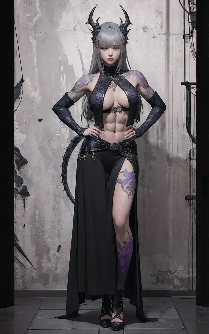(nsfw:0.9),(Full Body Shot),(Large Breasts),((The abdominal muscles are very pronounced)), ((((Gray Hair))), Detailed portrait of an adult woman in a dark fantasy setting, Bright blue eyes that emanate a sense of danger [Detailed eyes, Bright blue:1.1], [Black Leather Look], adorned with Intricate tattoos all over her body [Intricate tattoos:1.1], He has dragon scales on his arms [Dragon's scale tattoo] ,Enhance the suspenseful atmosphere. The color palette is mostly dark and muted tones ., with hints of Red and purple accents [A dark and muted color palette, Red and purple accents], 神秘性と危険性を感じさせる. The lighting emphasizes the sharp edges and intricate detail of the assassin's attire and tattoos, Add depth and texture to the overall composition [Enhances sharp edges, intricate detail]. The image quality is excellent, with Extreme attention to detail [Best Quality, Extreme attention to detail:1.2], Showcasing the talents of artists&#39;Technical skill and mastery of light and dark. The art style is realistic yet、There is also a fantasy atmosphere.., Capture the essence of the dark and intriguing world of the dungeon & dragon [ adds a touch of fantasy Realistic Art Style ],