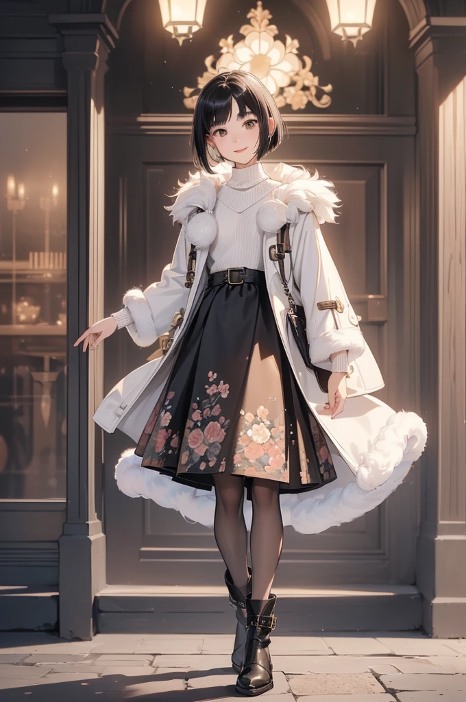 Best Quality, Official Art, masterpiece,(1 person:2.0), Neutral Men's ,( flat chest:1.3),(7 heads), Black Hair ,(Bob Cut Hair),( knitted sweater ),(Floral flared skirt:1.2),(duffle coat with white fur:1.3),(pantyhose), noon,SHORT BOOTS WITH FUR , big smiles at handshake event , soft writing