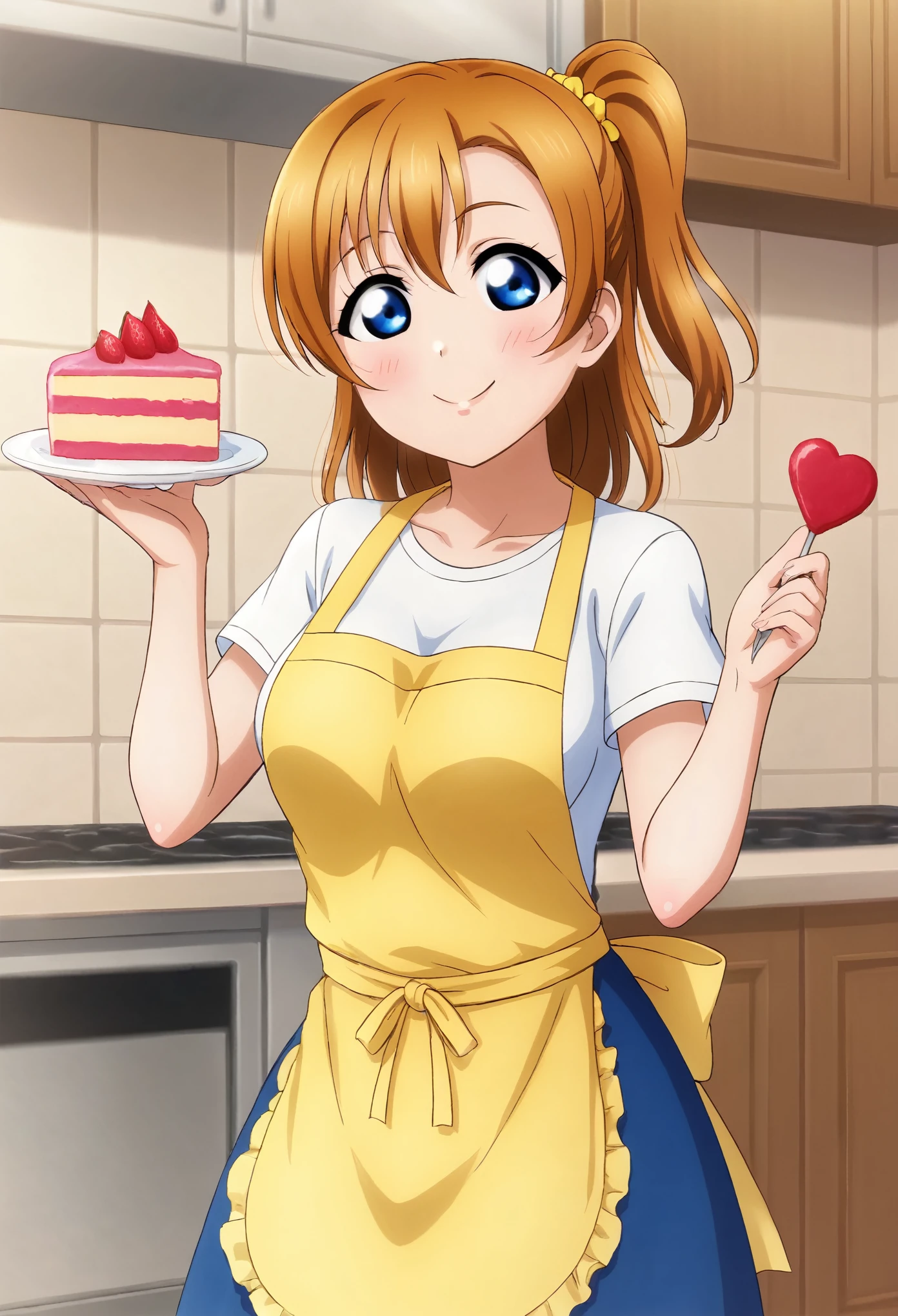 1girl, ponytail, blue eyes, beautiful detailed eyes, extremely detailed face, long eyelashes, love live, kousaka honoka, breasts, (chocolate on face:0.7), apron, holding cake plate ,in kitchen 