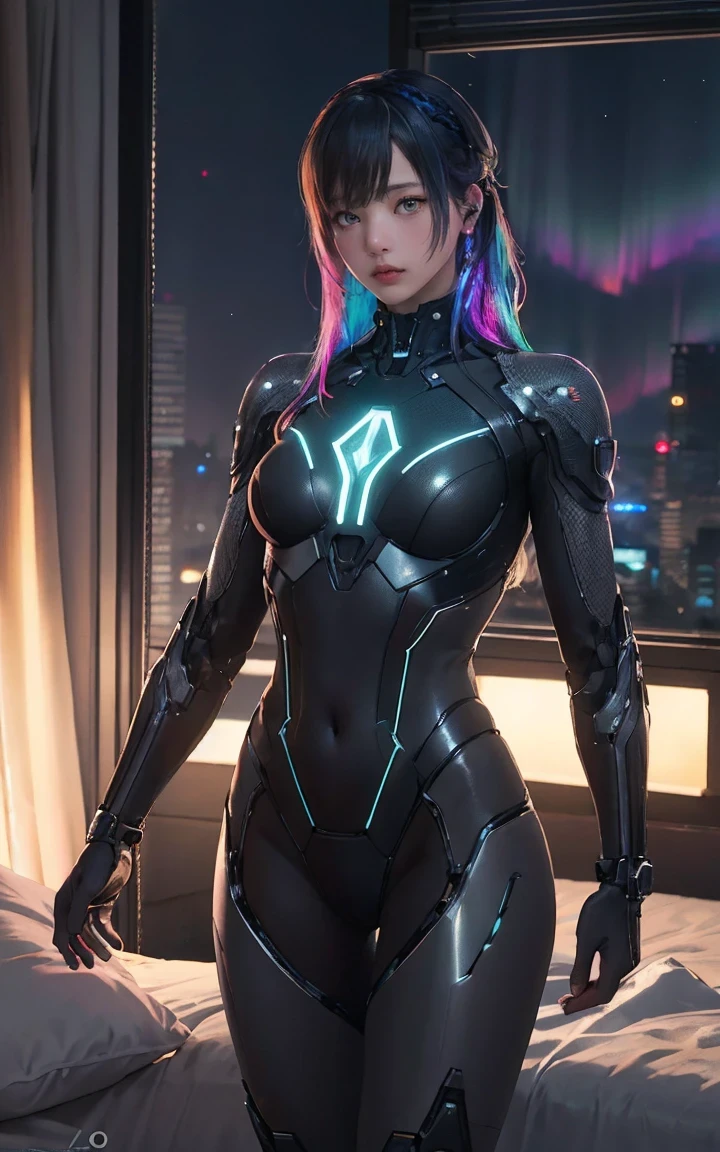 ((Best Quality)), ((masterpiece)), (  Details:1.4), (((  cybersuit with machine parts and clear skin for thin string underwear  ++Rainbow colored aurora material ++、++Grey carbon material++Cyberpunk Beauties  ))), (( Wide Open Chest )),  hip and thigh skin  , Ticker (  high dynamic range from bed),  ray tracing, NVIDIA,  super resolution,  Subsurface Scattering PBR Texturing for Thin String Underwear , post processing,  high dynamic range from bed , for thin string underwear ,  surface shading ,  accurate simulation of light /Material interactions,  tied behind {x} and had perfect proportions ,  Two Tone Lighting, Wide Aperture, Low ISO, White balance , 8k, At the viewer&#39;s discretion, (((Tall Woman))), 25-year-old woman, Bright LEDs, Knee-length, bulge,  open stance,  hip and thigh skin  , beautiful body,  belly button visible from bare skin  , Big Breasts , (( Glowing LED  )), ( Big Breasts : 1.0) ,  dazzling cyberpunk cityscape  , Skyscraper, Neon Signs, LED Light, Bright and vivid color scheme, Bright and vivid color scheme,  surprised expression  , short bang , (((+++beautiful, Shiny, iridescent hair  +++  straight medium ponytail  ))),  bright and vivid color scheme  , seed: 256 :1>,nsfw,