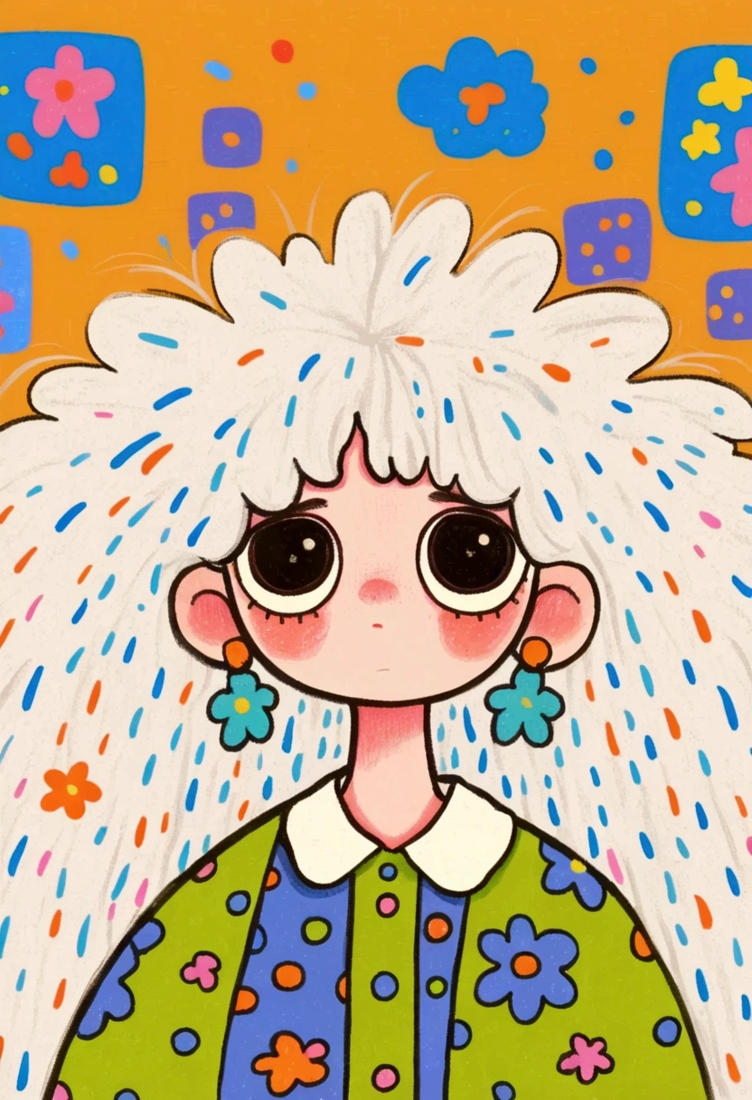  A painting，Pastel Art，Hand drawn cartoon style,  2 d gouache illustration ,  colorful illustration , Cartoon cute ,  cute illustration：A white cloud ， cute girl， long, fluffy hair，Sad expression，Colored Rain 