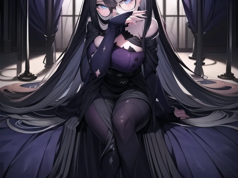 NSFW,Villain, 200 Year Old Witch, Long black hair, The magic in her hands shines,,Purple Eyes,leotard,Gothic ta,Small breasts,Crotch crack,Bad smile,Put your hand on the opponent's crotch,pussy juice,A pair of men and women,kiss,1boy