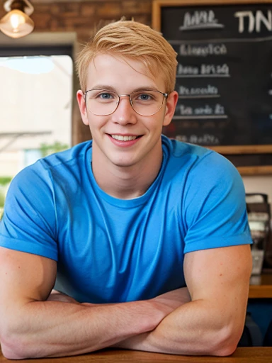 1man, male focus, short blond hair, middle parted, blue eyes, round glasses, cute, adorable, handsome, nerd, fratboy, fit, server at a coffee shop, smile