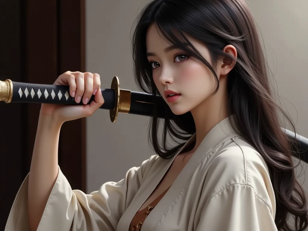  Beautiful Female Samurai 、 Japanese Knife、Samurai Sword 、 A woman wearing a swordsman coat carrying a sword、 Traditional Japanese Interior 、tatami、Wooden sword stand 、 Exquisite Blade 、 Detailed Sword Pattern 、 dramatic lighting 、 very detailed、 photorealistic、8k、(Best Quality、4K、8k、 high resolution on down、masterpiece:1.2)、Super detailed、( real、 photorealistic、 photorealistic:1.37)、 Cinematic Lighting 、 elegant、 Strong Poses 、 Dynamic Composition 、