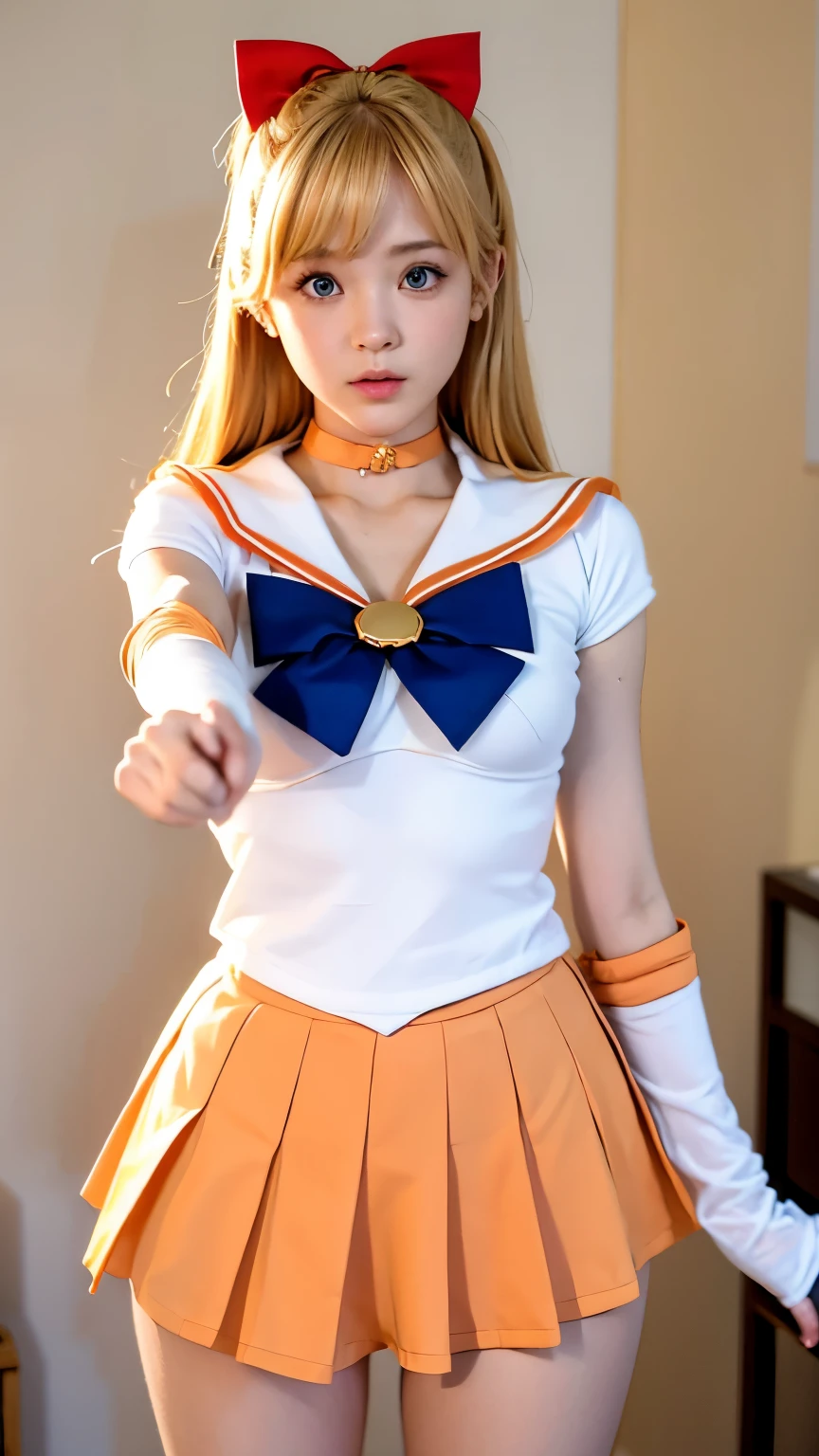 best image quality, high resolution on down, Venus 1, (( Japanese Women )),Alone, sailor warrior uniform , white panties、 Sailor Venus pointing to viewers:1.3, white panties、, blonde, magic , blue eyes, orange skirt, evening dress , Art , pleated skirt, ribbon, orange sailor color, orange mini skirt:1.3, choker, 赤いribbon, オレンジ choker