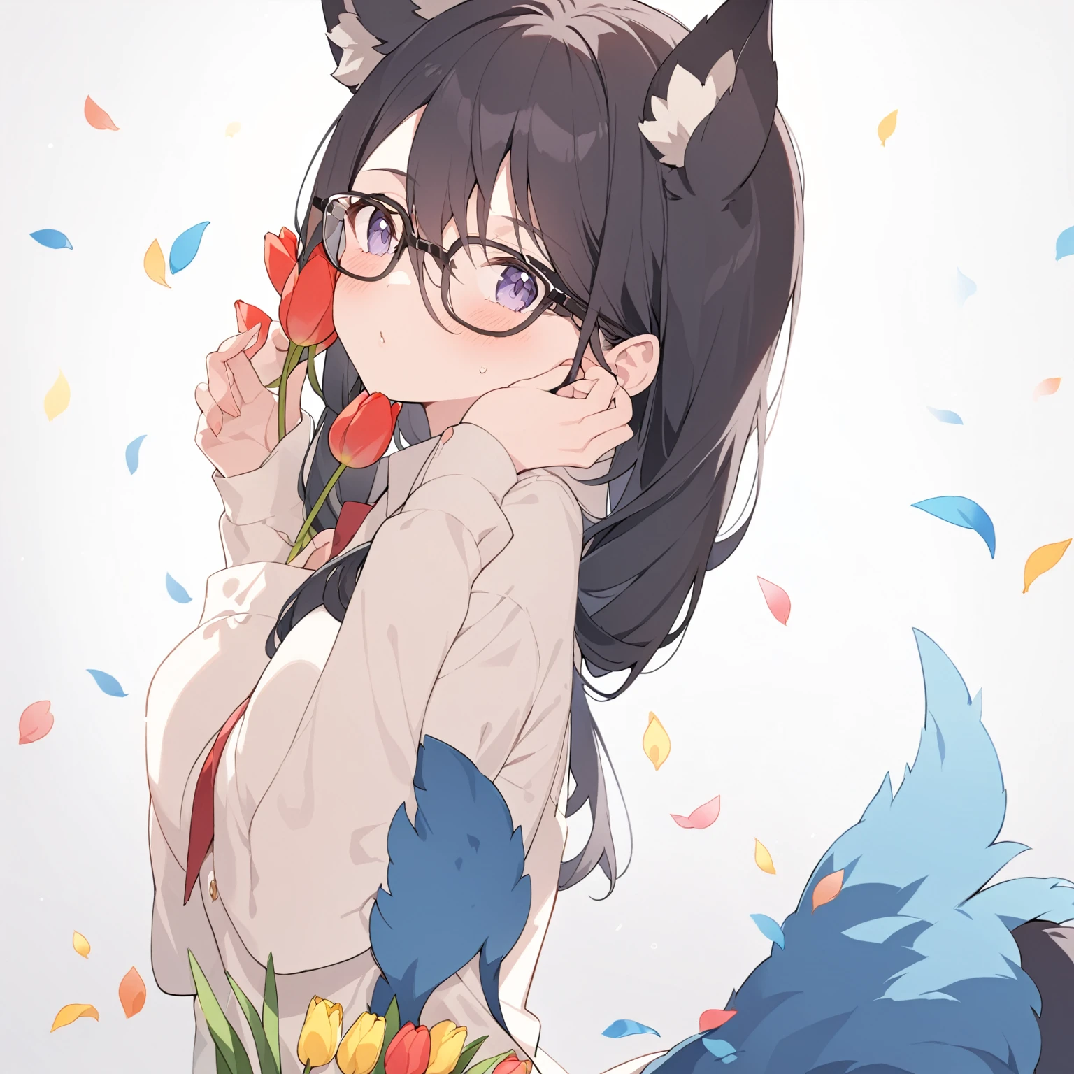  1 girl, Black Hair,Glasses, long hair, Beast Ears,Beast tail , tulips,windmill