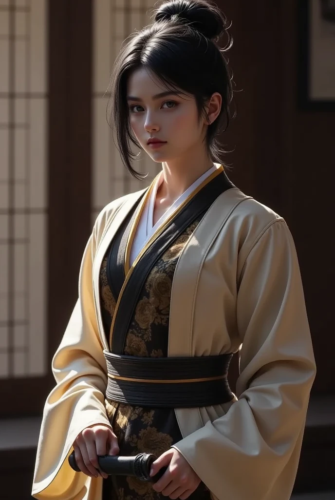  Beautiful Female Samurai 、 Japanese Knife、Samurai Sword 、 A woman wearing a swordsman coat carrying a sword、 Traditional Japanese Interior 、tatami、Wooden sword stand 、 Exquisite Blade 、 Detailed Sword Pattern 、 dramatic lighting 、 very detailed、 photorealistic、8k、(Best Quality、4K、8k、 high resolution on down、masterpiece:1.2)、Super detailed、( real、 photorealistic、 photorealistic:1.37)、 Cinematic Lighting 、 elegant、 Strong Poses 、 Dynamic Composition 、