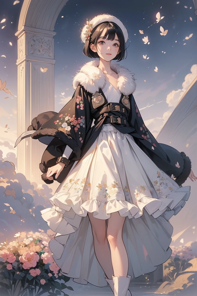 Best Quality, Official Art, masterpiece,(1 person:2.0), Neutral Men's ,( flat chest:1.3),(7 heads), Black Hair ,(Bob Cut Hair),( knitted sweater ),(Floral flared skirt:1.2),(duffle coat with white fur:1.3),(pantyhose),  Detailed Fabric Texture ,noon,SHORT BOOTS WITH FUR , big smiles at handshake event , soft writing, dreamy and mysterious worldview