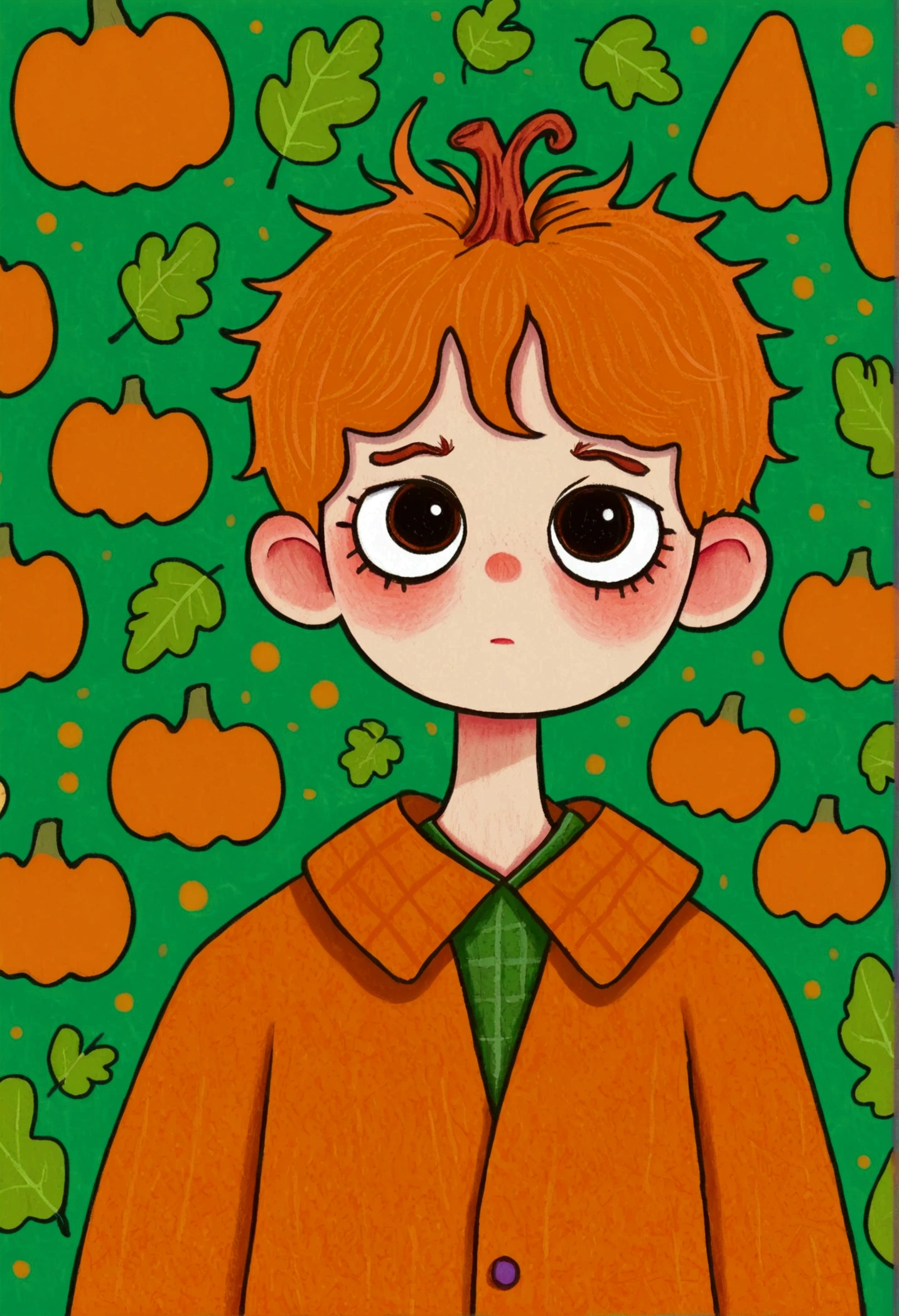  Portrait of a Boy ,  pumpkins and green background，  Halloween art style, Change, 🍁  cute, Hand drawn cartoon style, 🍂  cute,  colorful illustration , Pumpkin Head, 2d illustration, 2d illustration, Low Fidelity, Orange Head, 