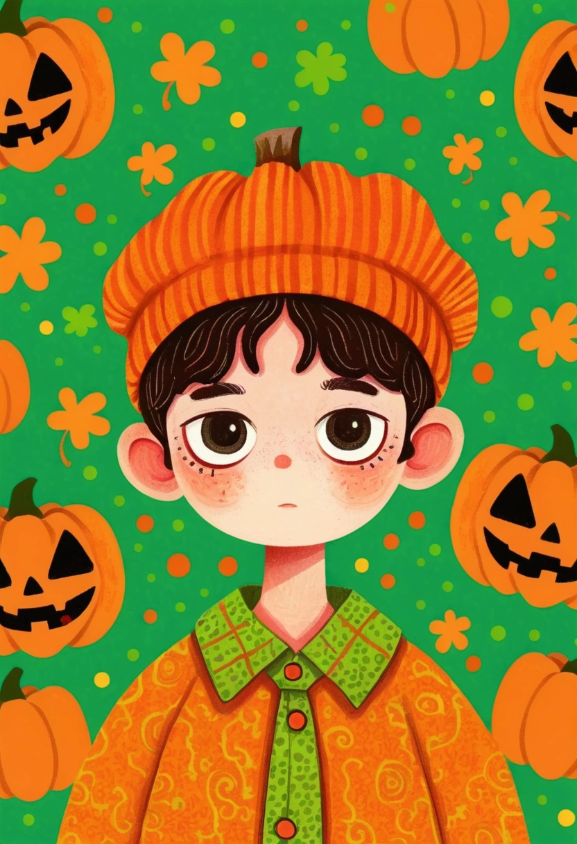  Portrait of a Boy ,  pumpkins and green background，  Halloween art style, Change, 🍁  cute, Hand drawn cartoon style, 🍂  cute,  colorful illustration , Pumpkin Head, 2d illustration, 2d illustration, Low Fidelity, Orange Head, 