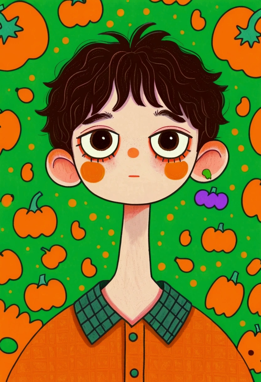  Portrait of a Boy ,  pumpkins and green background，  Halloween art style, Change, 🍁  cute, Hand drawn cartoon style, 🍂  cute,  colorful illustration , Pumpkin Head, 2d illustration, 2d illustration, Low Fidelity, Orange Head, 