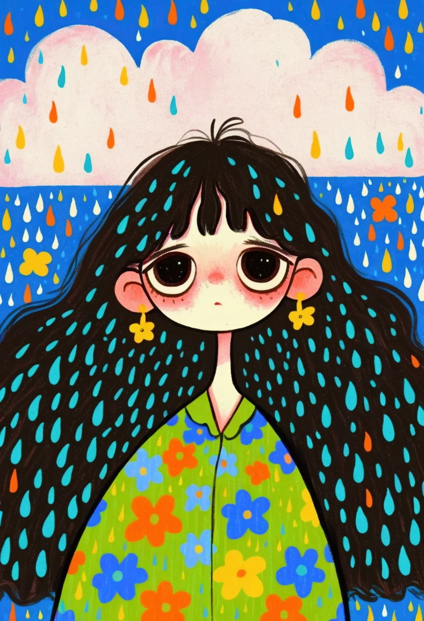  A painting，Hand drawn cartoon style,  2 d gouache illustration ,  colorful illustration , Cartoon cute ,  cute illustration： Lovely Girl Under White Clouds， Long Fluffy Hair ，Sad expression，Colored Rain 