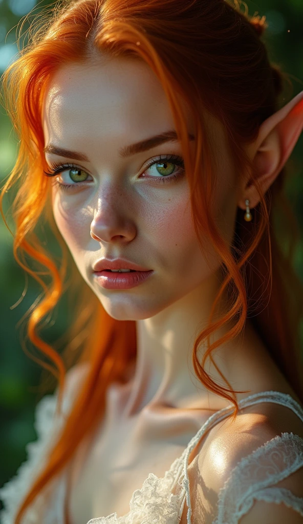A beautiful adult woman divine long wavy wild red hair with elf ear and scales teacher golden eyes