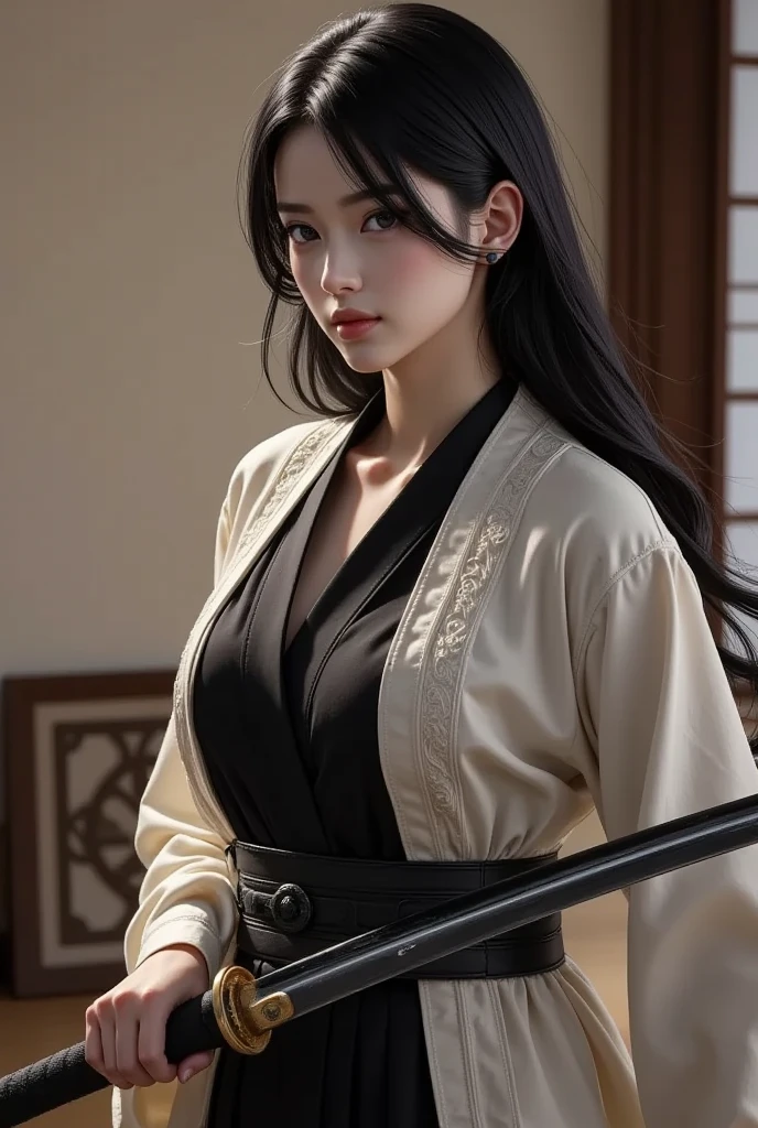  Beautiful Female Samurai 、 Japanese Knife、Samurai Sword 、 A woman wearing a swordsman coat carrying a sword、Beautiful sword blade、 Traditional Japanese Interior 、tatami、Wooden sword stand 、 Exquisite Blade 、 Detailed Sword Pattern 、 dramatic lighting 、 very detailed、 photorealistic、8k、(Best Quality、4K、8k、 high resolution on down、masterpiece:1.2)、Super detailed、( real、 photorealistic、 photorealistic:1.37)、 Cinematic Lighting 、 elegant、 Strong Poses 、 Dynamic Composition 、