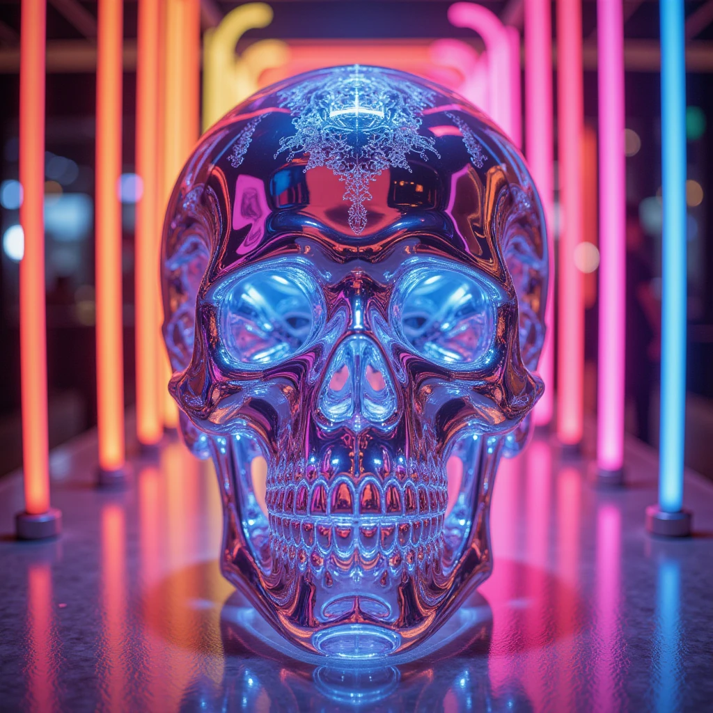 GGGJAAA,figure costume in the shape of neon skull glass，Create a symbol representing pop culture and evolution.