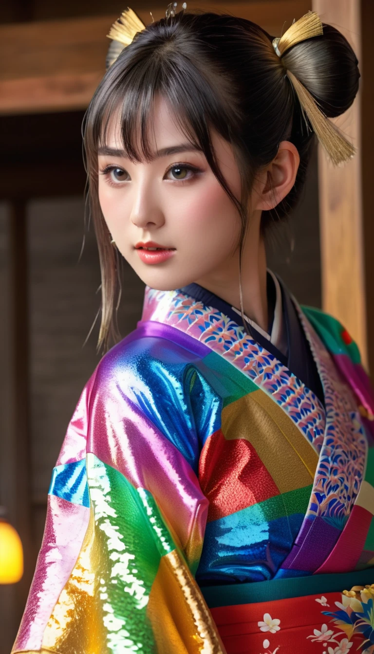 Attractive and sexy look, round face、 Twin Tails,Realistic cute Japanese women、19 years old、 shiny skin、 shiny lips、 Wearing an open rainbow-colored colorful Japanese kimono , art, (Super detailed,  absolute resolution  , Best Quality:1.3), 2.5D, Delicate and dynamic effects , Shimmering gold dust effect, Artistic, Extreme, CG デジタルart