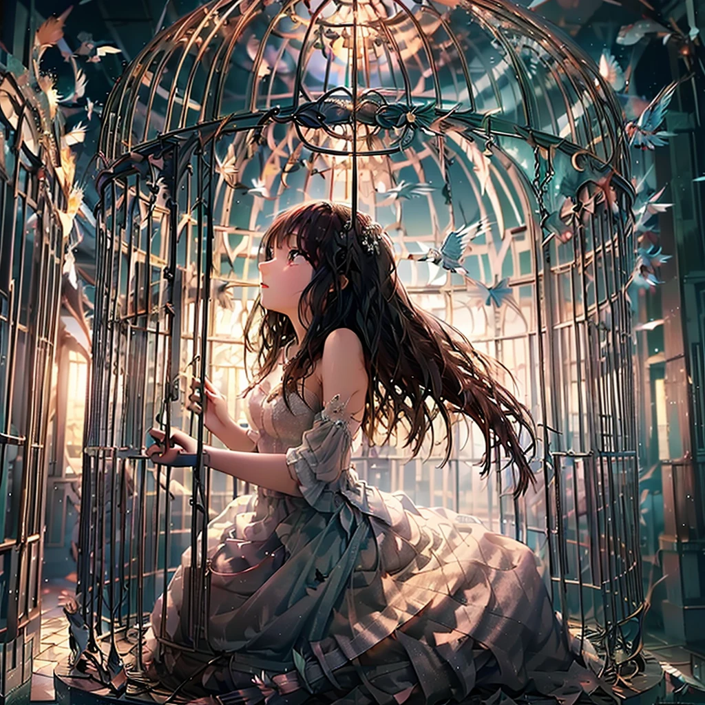 girl, large wings, angel, goddess, innocent, long hair, black hair, brown eye, white dress, open bird cage, standing at door, standing, looking up, side view, smiling, freedom, open door