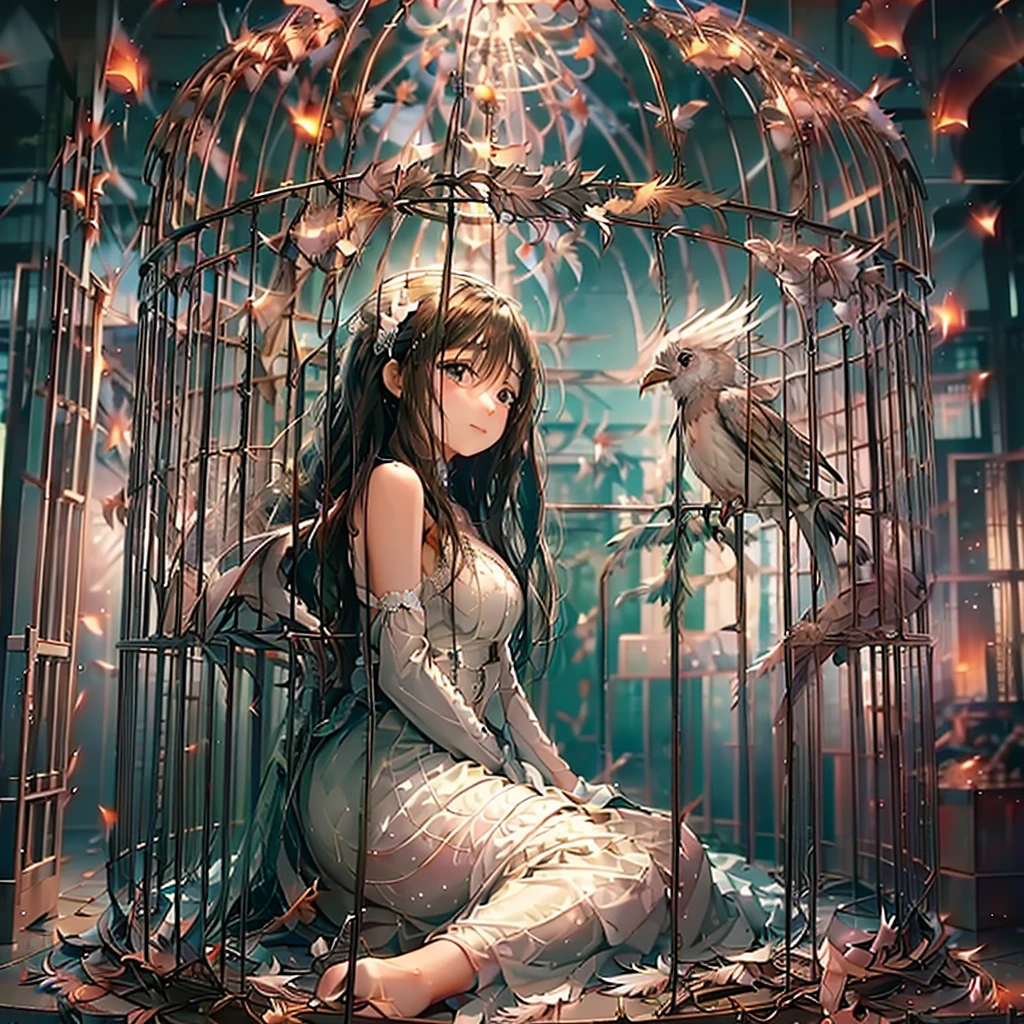 girl, large wings, angel, goddess, innocent, long hair, black hair, brown eye, white dress, open bird cage, standing at door, standing, looking up, side view, smiling, freedom, open door