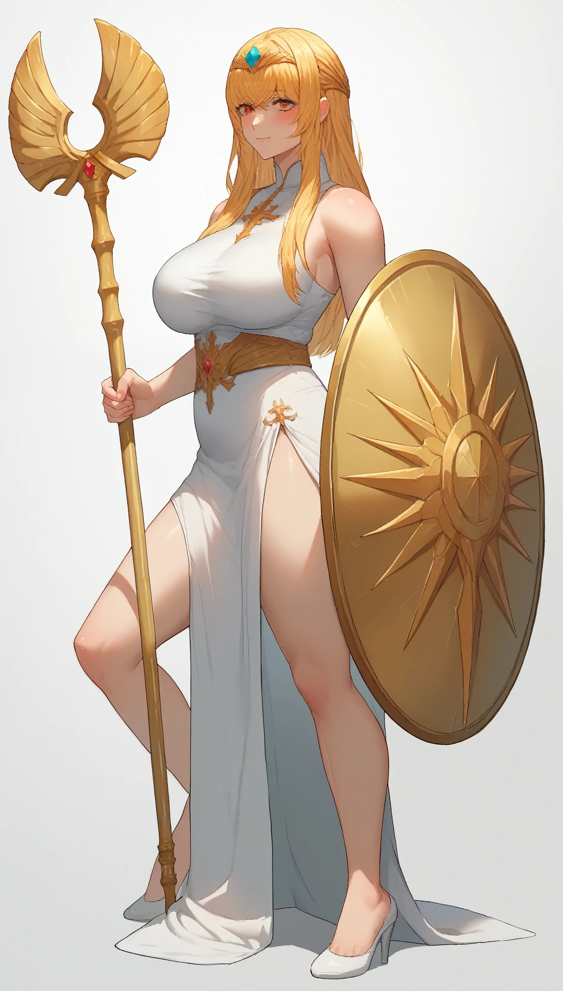 19 yo, (teen Sugar girl), (anime girl with long blonde straight smooth hair braidstrands and curtain-bangs:1.5), a saint/shield-bearer white-gold bareshoulders dress, simple golden-circlet, a priestess with amber eyes, anime moe artstyle, waifu, (mature woman with lean perfection abdomen:1.5), sweet sweet mommy's expression, blushing confident, (Droopiest Gigantic Largest), (1 arm behinds head - swaying hair), Curvy body, legs apart, (holding a Saint Staff on one hand and a Holy Shield on another hand:1.2), BREAK, simple white background, side view full body shot, (Smooth shading), subtle highlights, warm & soft pallette, polished painterly look, moe anime-style final fantasy brave exvius wars of the vision digital artstyle, character illustration style, character sheet, 2.5D, 128K UHDR Best Quallity