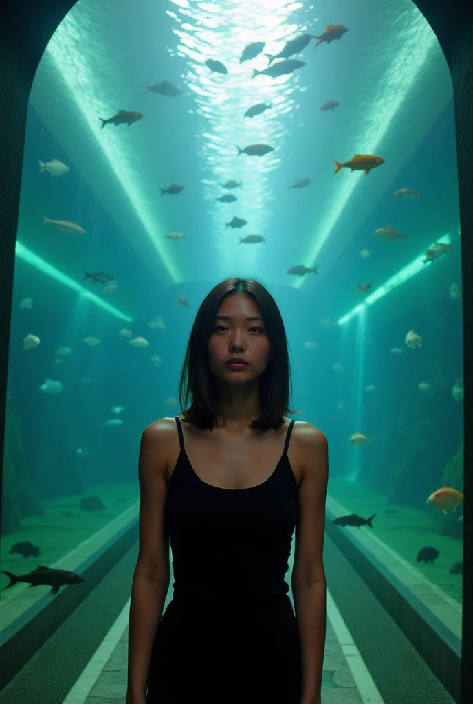 Ultra-realistic rear medium shot of a tanned 30 year old Asian woman, surprised expression, plain black tank top, shapely breasts, slim woman, perfectly beautiful Asian female face, breathtaking, highly detailed, school of beautiful fish swimming in front of a huge tank in a Californian aquarium, shimmering water and light, cinematic contrast between dark passage and bright tank, 70mm camera, Portra 800 film, film grain, reflections from the tank shimmering with light and shadow highlight the woman's face and impress the viewer