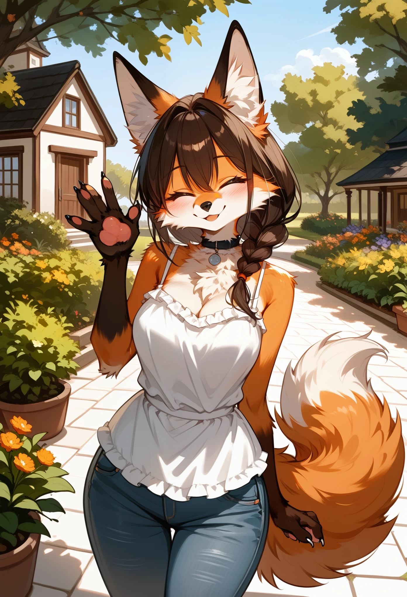 (score_9,score_8_up,score_7_up), (furry), (fox girl), (mature female), (orange fur), (body fur), brunette hair, long hair, single braid, fox paws, pawpads, claws, closed eyes, smile, blush, medium breasts, wide hips, chocker, white frilled shirt, sleeveless, spaghetti straps, denim jeans, looking at viewer, waving, one arm behind back, outdoors, modern house, garden