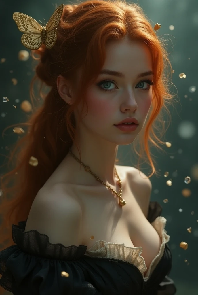 (solo, full body photo:1.3), (action packed:1.3), (haze, fog, mist:1.3), chiaroscuro, best quality, photorealistic, 1woman,big cleavage,(cute), (24yo:1.2), redhead, long ginger hair highly detailed, 1700'S, digital photography, art by artgerm and ruan jia and greg rutkowski surreal painting gold butterfly filigree, broken glass, (masterpiece, sidelighting, finely detailed Fashionable eyes: 1.2) (perfect oval large eyes that gazes at the viewer), beautiful detailed face, blue gorgeous perfect eyes, (blonde hair ponytail), (attractive young woman:1.3), (thick amazing hair), (seductive:1.1), (blushing:1.1)
